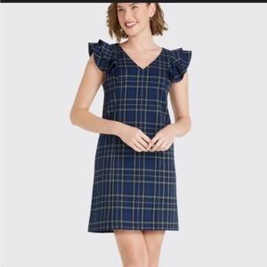 Draper James Navy Plaid Mini Dress with Ruffle Sleeves